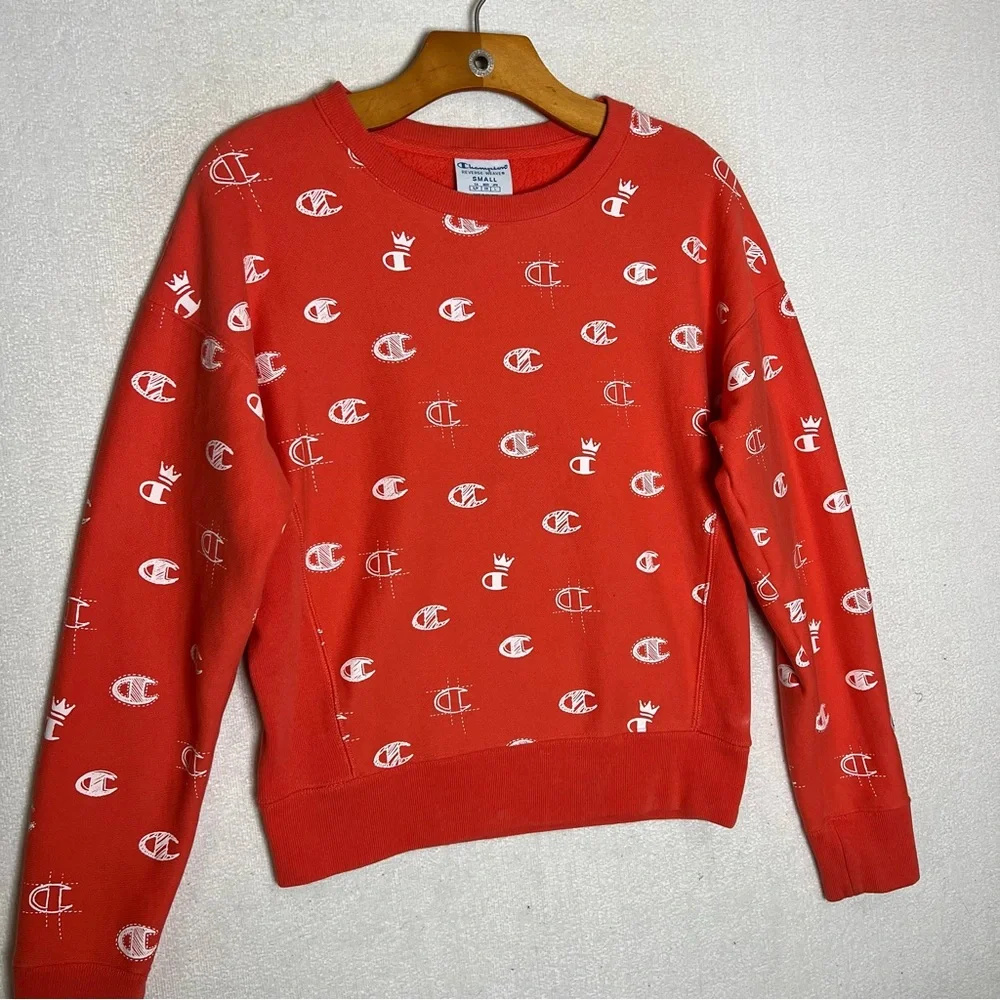 Champion Reverse Weave Orange All over Logo Print Sweatshirt Size S
